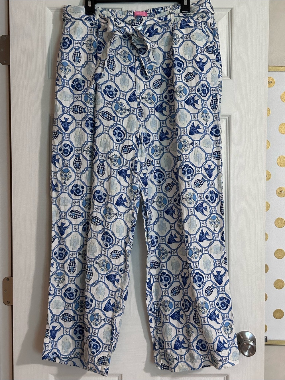 Blue and White Linen Pants with Fish Print